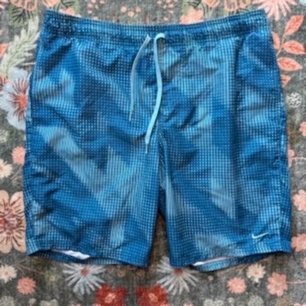 Nike Mens Blue Teal Geometric Grid Swim Trunks Mesh Lined Board Shorts Size M